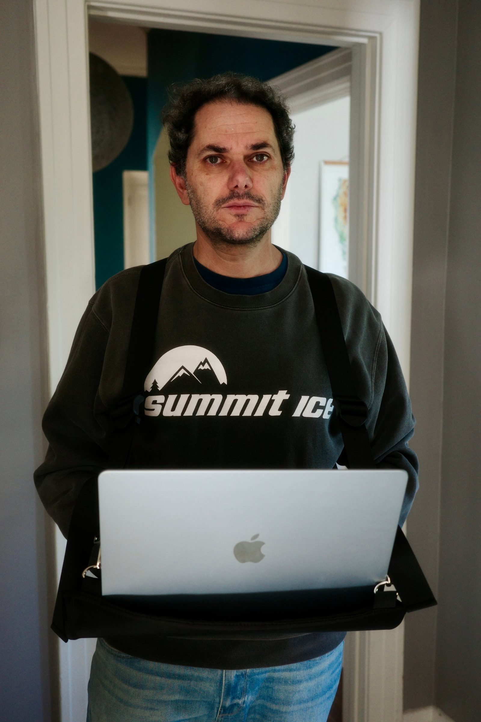 My Halloween costume from last year: a "summit ice" sweatshirt with a laptop strapped to my chest